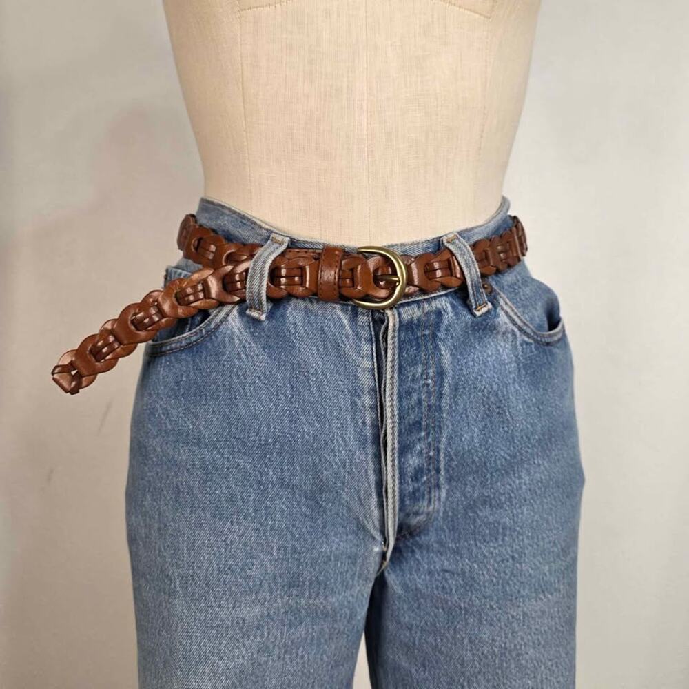 Vintage Brown Woven Braided Leather Belt Boho Western Coastal Distressed M/L